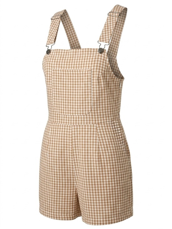 RVCA Pants - NWT RVCA Forager 100% Cotton Gingham Romper - Size L/12 - Sand/Tan White